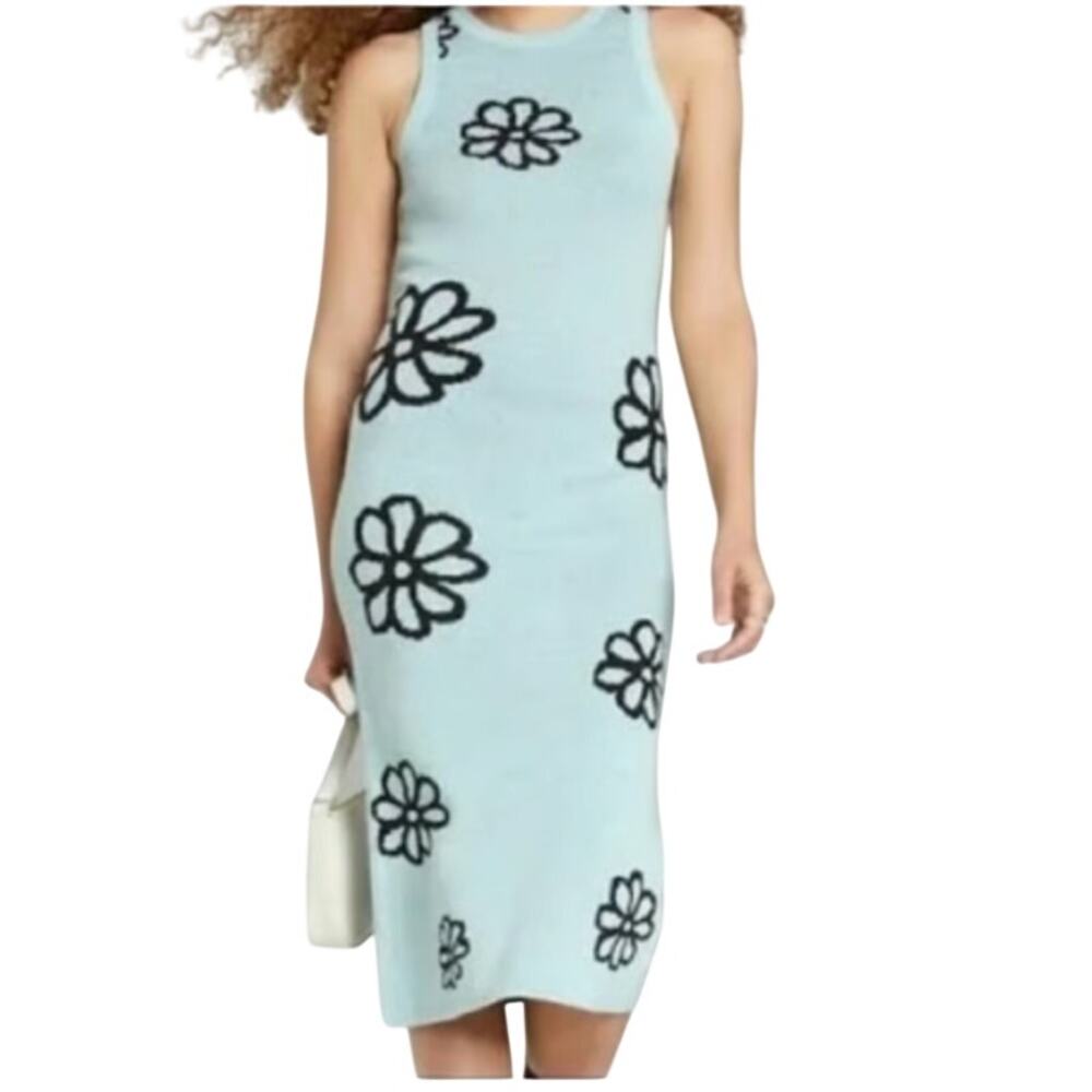 Chic Wild Fable Knit Sweater Dress - Light Blue Floral Size L